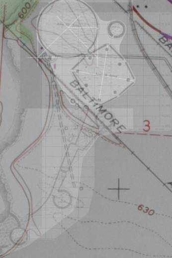 Topographic map, Squier and Davis drawing, and a chart of GPS readings are overlain to present the location of High Bank Earthworks