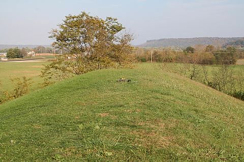 Atop Seip Mound viewing east.  GPS receiver at center of top of mound.