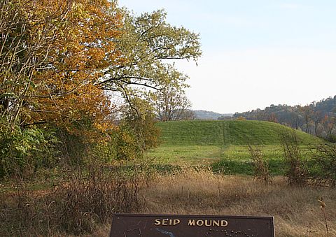 Seip Mound, measuring 250' long, 150' wide and 30' high, is one of the largest mounds in the Middle Ohio River Valley.