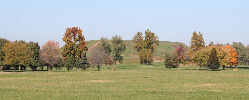 Monks Mound, the largest prehistoric monument north of Mexico and the largest-in-volume prehistoric earthen construction in the Americas.