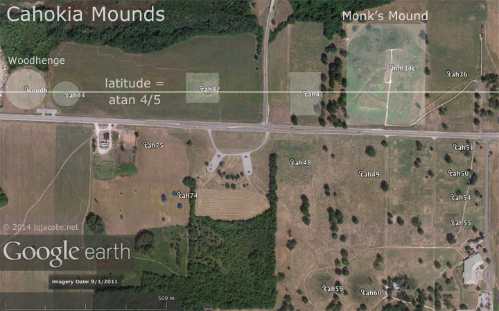 Cahokia Mounds, Monks Mound, Woodhenge, and Cahokia's baseline.  The latitude tangent equals 0.80.