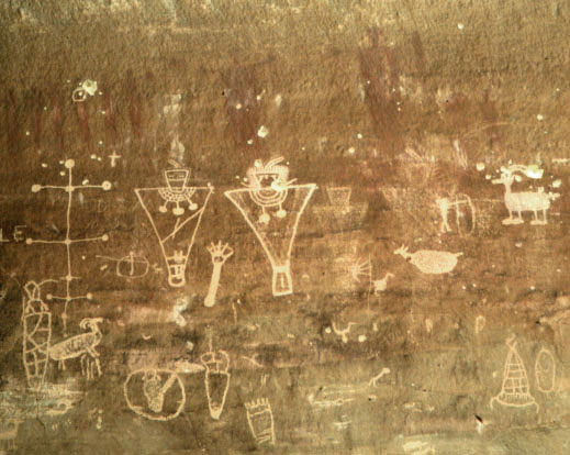 Petroglyphs overlaid on pictographs at Sego Canyon, Utah.  414 x 519 pixels, 65 K.