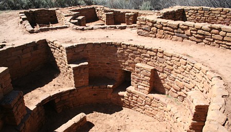 Keyhole-shaped kiva in Coyote Village Pueblo.