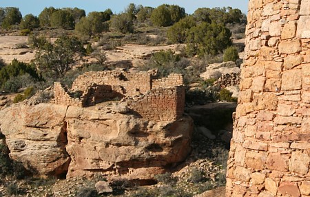 Hovenweep NP, view across the canyon of Unit Type House from Twin Towers