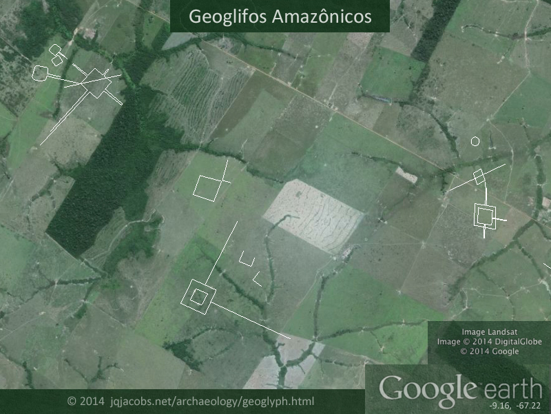 Amazonas geoglyphs, aerial image with outlines of earthworks.
