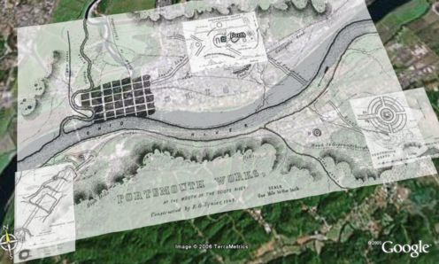 Google Earth placemarks with image links and overlays using archaeological survey maps. 