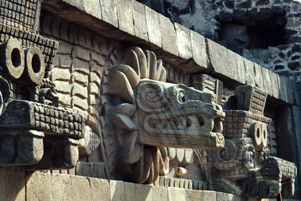 quetzalcoatl pyramid detail,tlaloc masks and feathered serpent sculptures