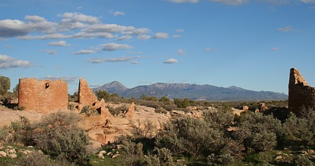 View down Little Ruins Canon with Sleeping Ute Mountain